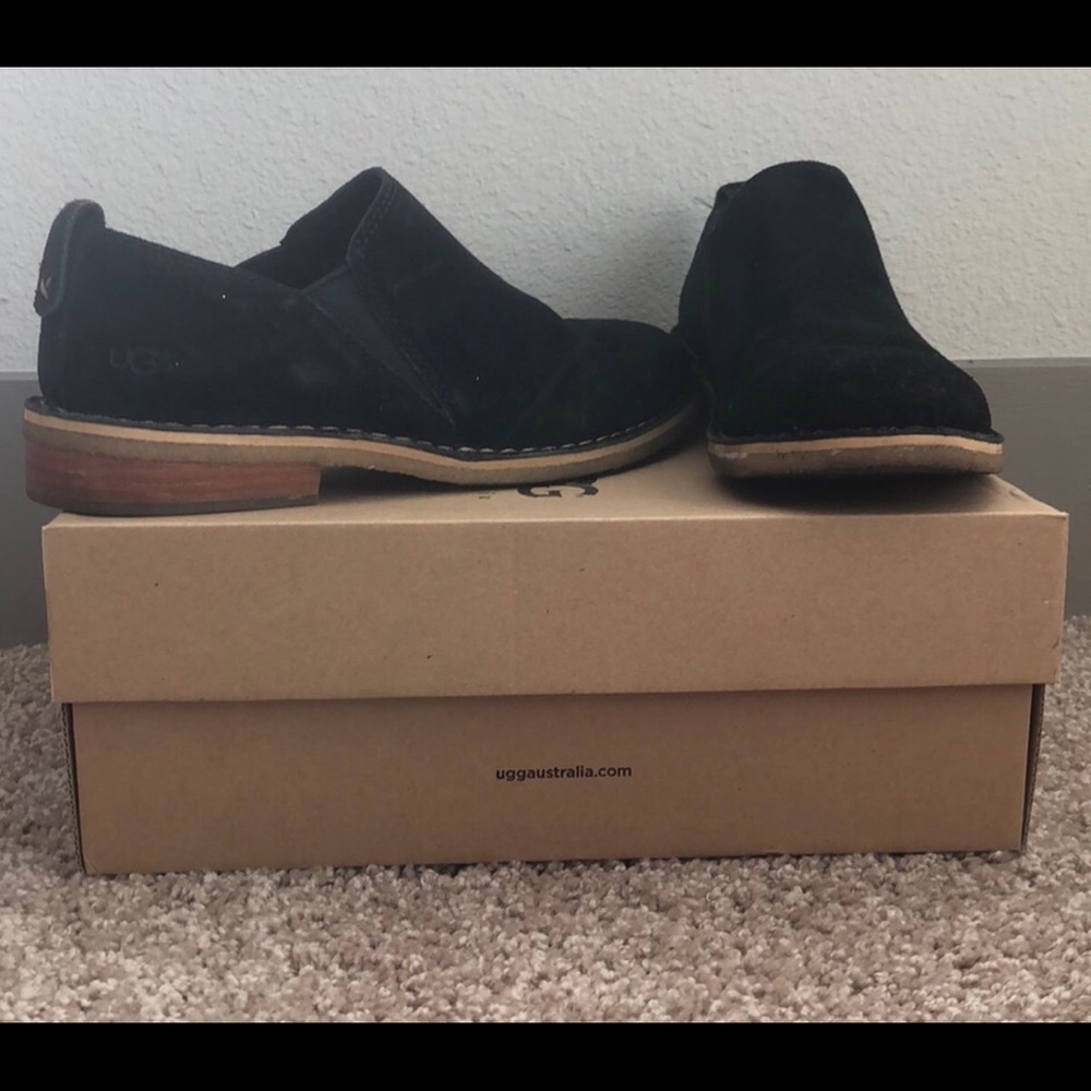 UGG Black Suede Slip-On Loafers with Stacked Heel